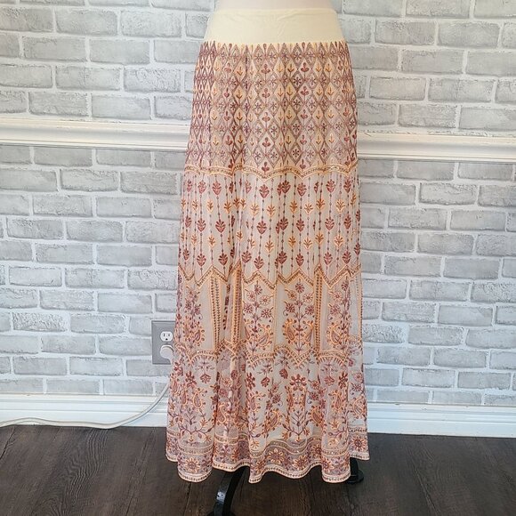 Soft Surroundings Inez Metallic Embroidered Maxi Skirt Coral NEW Boho Chic Large